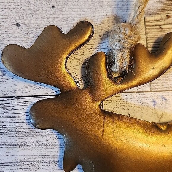 Metal Moose Ornament Brass-colored Jute Hanger Puffy 4.25 Inches - Picture 3 of 6